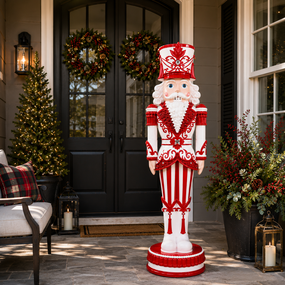 6 FT Red & White Stripe King Nutcracker With Music and Warm White LED Lights