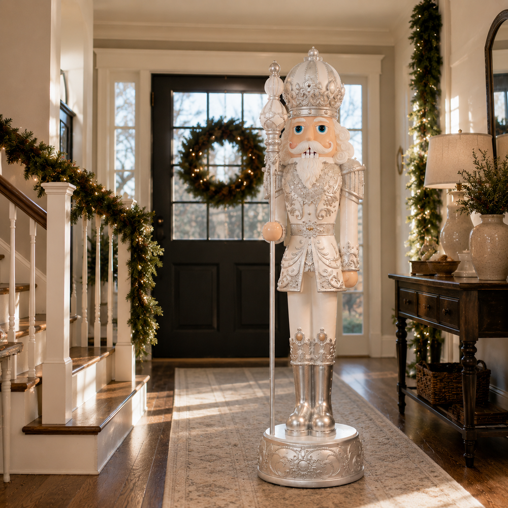 6 FT Silver & White King Nutcracker with Music & Warm White LED Lights