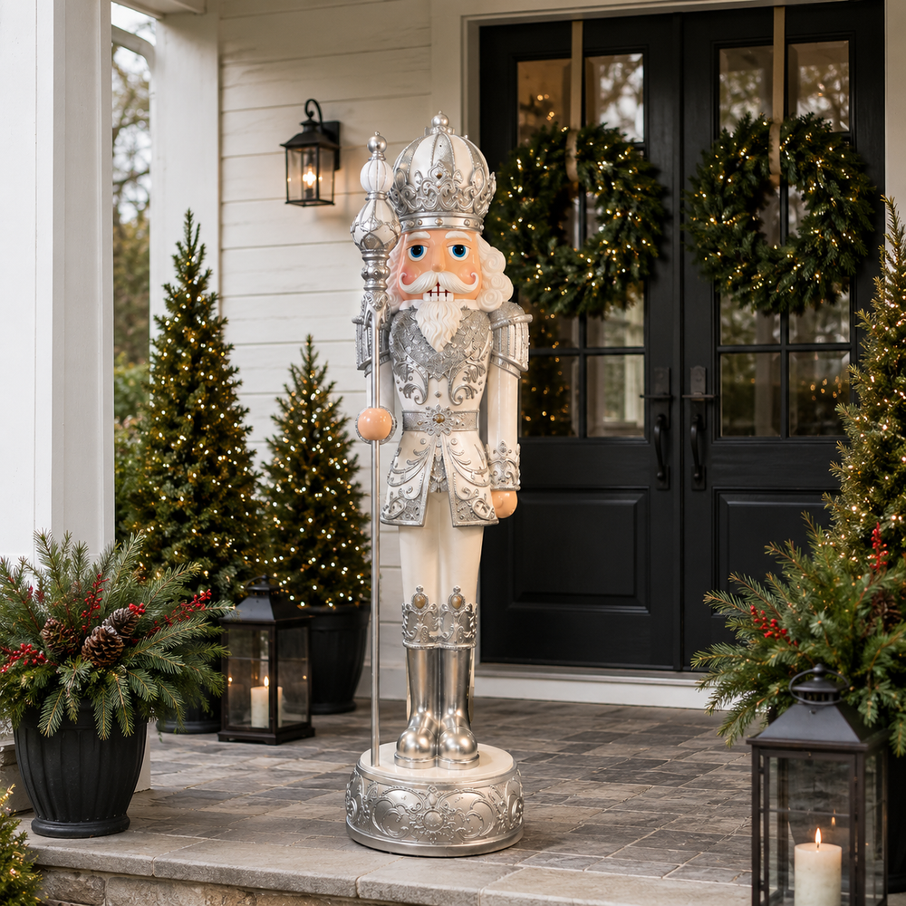 6 FT Silver & White King Nutcracker with Music & Warm White LED Lights
