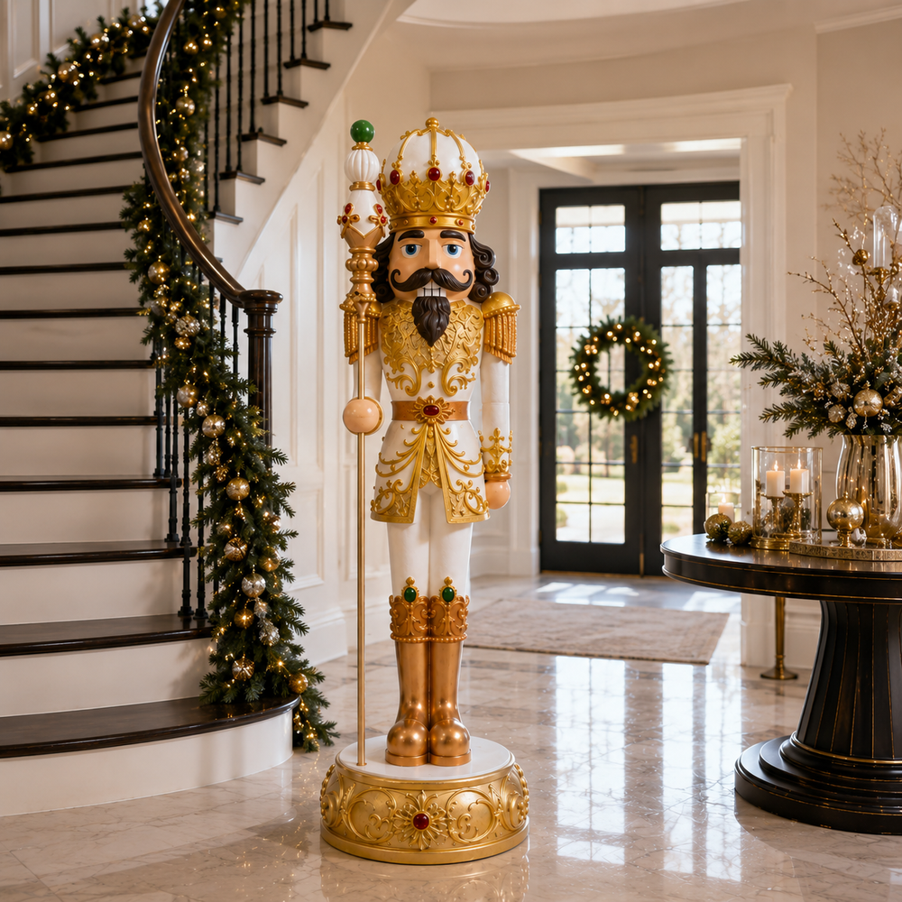 6 FT White & Gold King Nutcracker with Music & Warm White LED Lights
