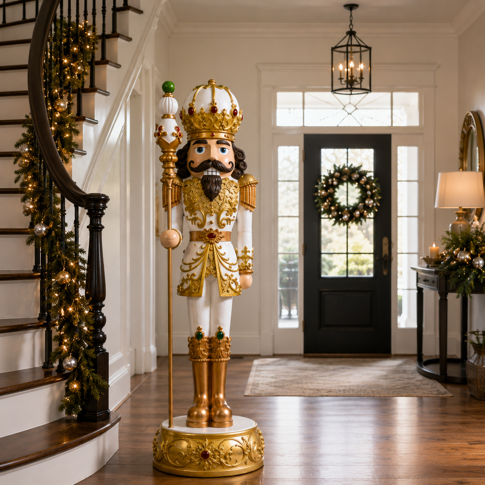 6 FT White & Gold King Nutcracker with Music & Warm White LED Lights
