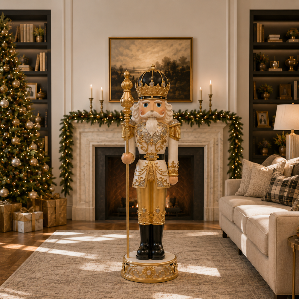 6 FT White & Gold King Nutcracker with Music & Warm White LED Lights