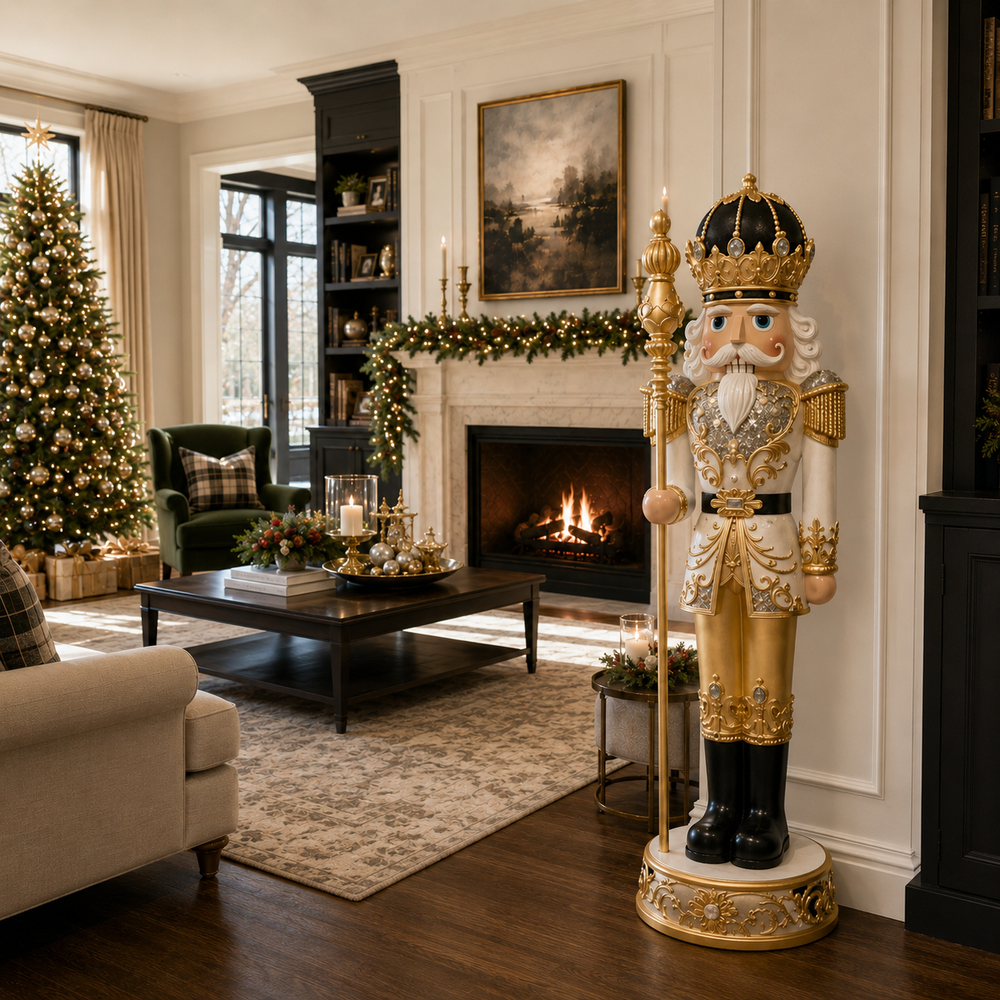 6 FT White & Gold King Nutcracker with Music & Warm White LED Lights