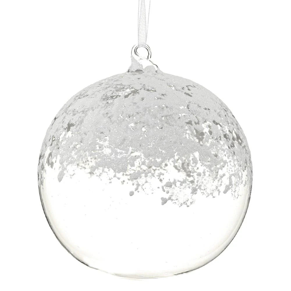 6" Clear White Snowed Glass Ball Ornament