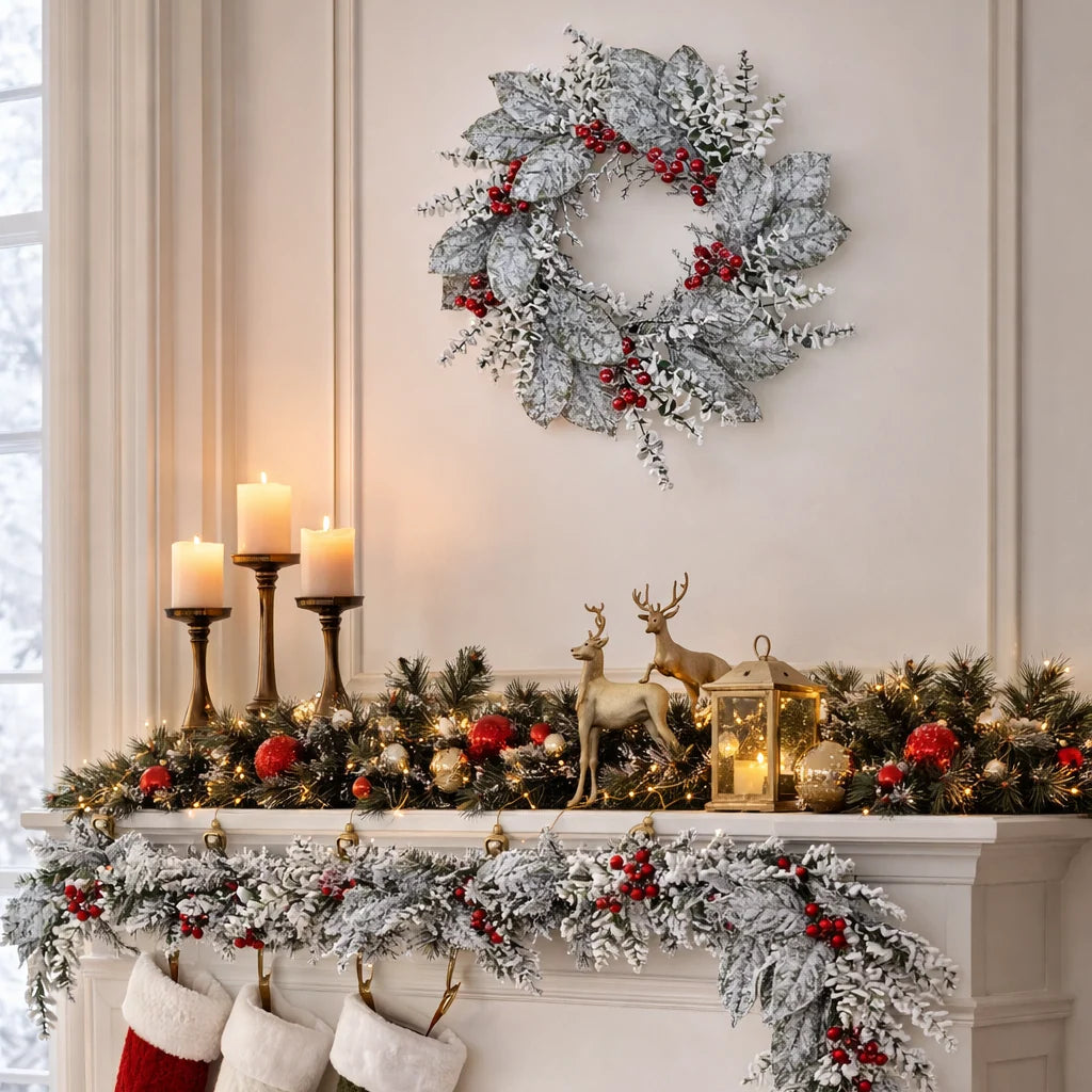 24" Snowy Berry Leaf Magnolia Wreath Unlit
