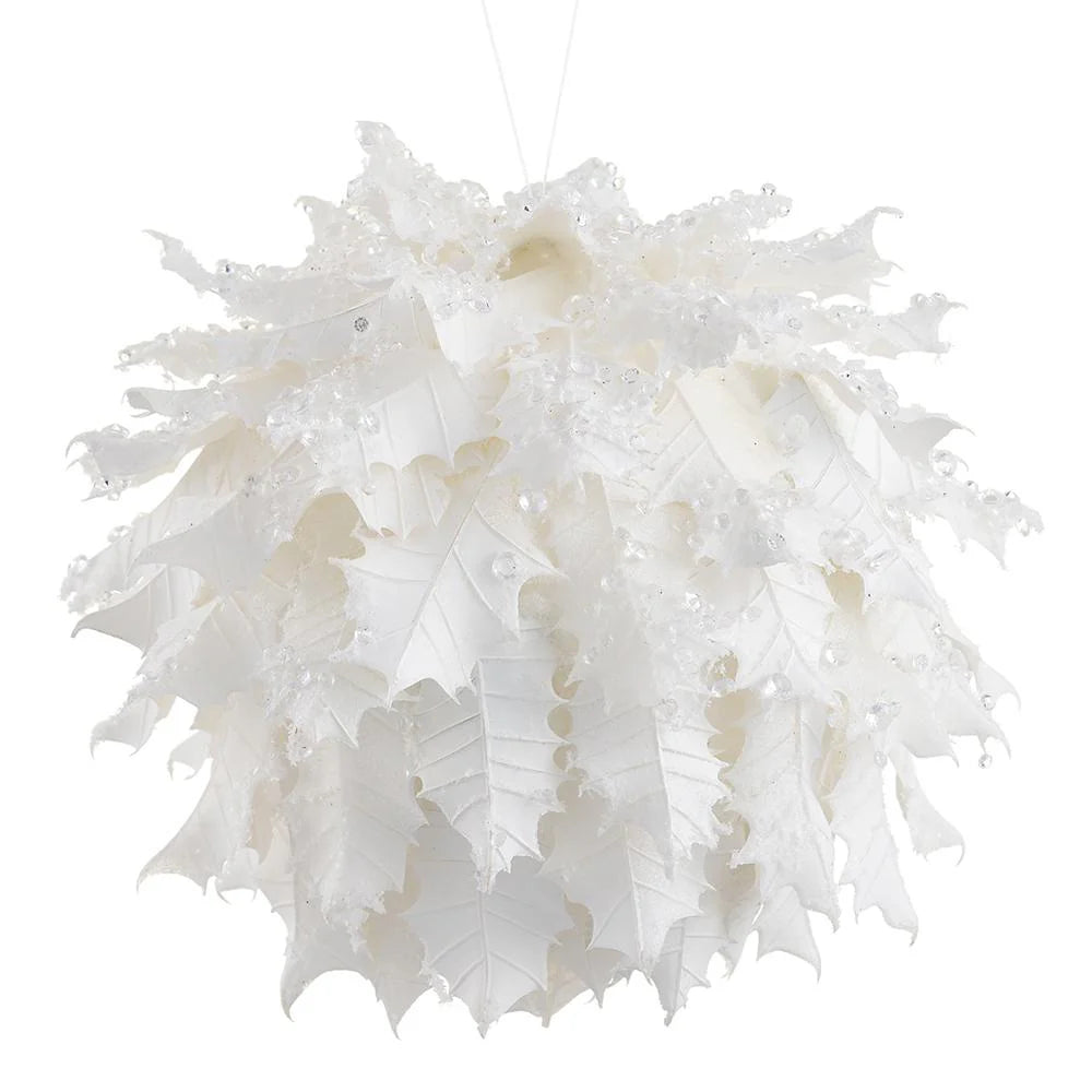 6.5" White Holly Leaf Ball Ornament