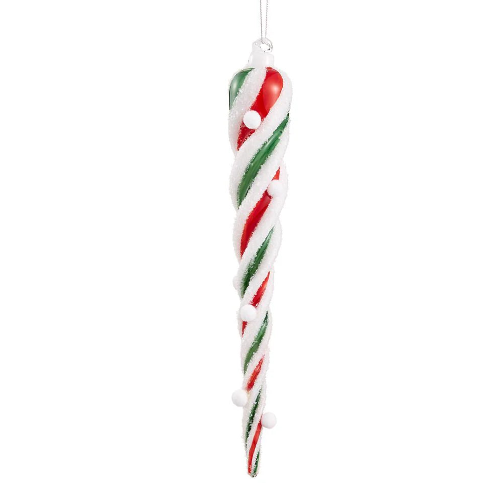 11" Green Red White Swirl Icicle Ornament