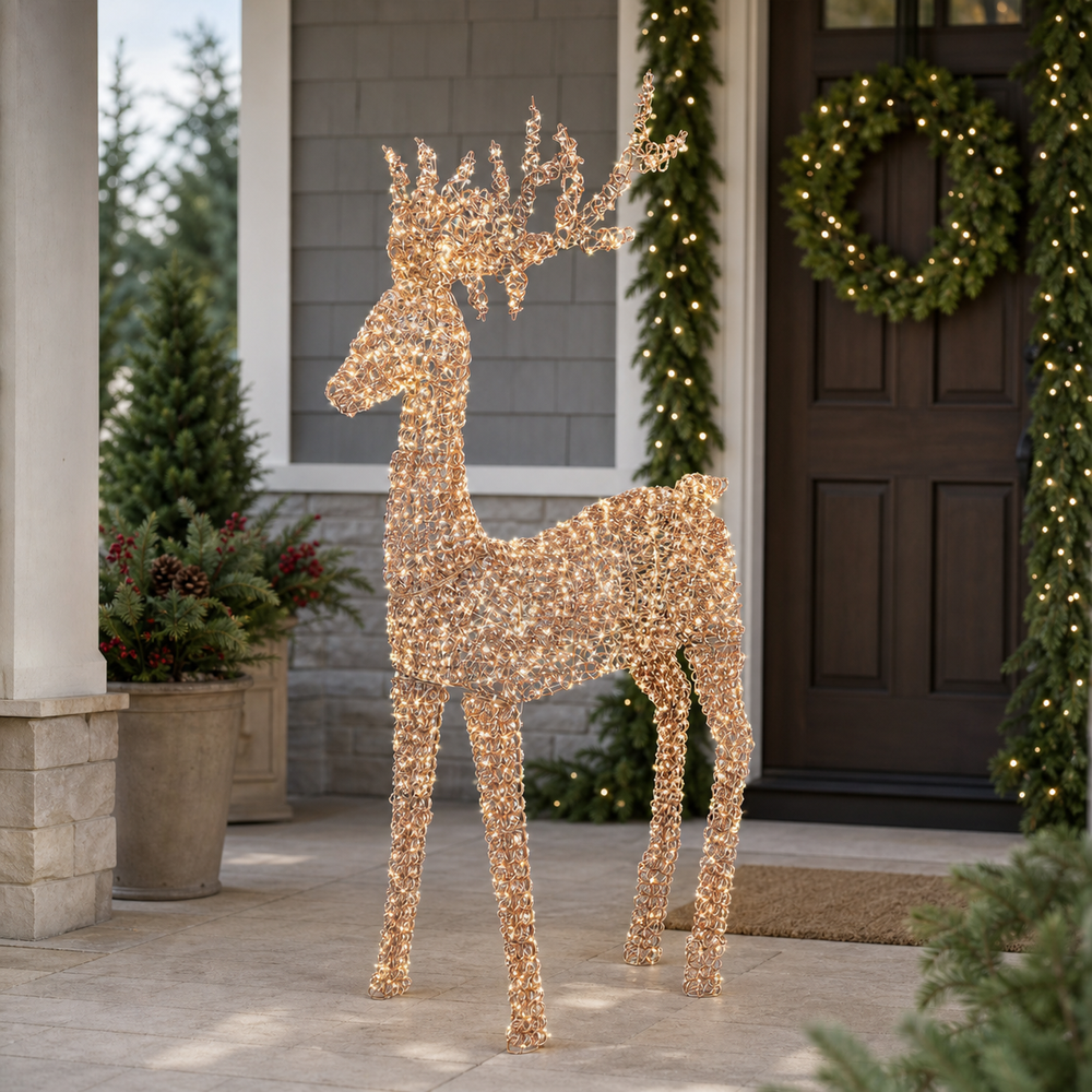 9 FT Gold Reindeer Warm White & Flashing Micro LED