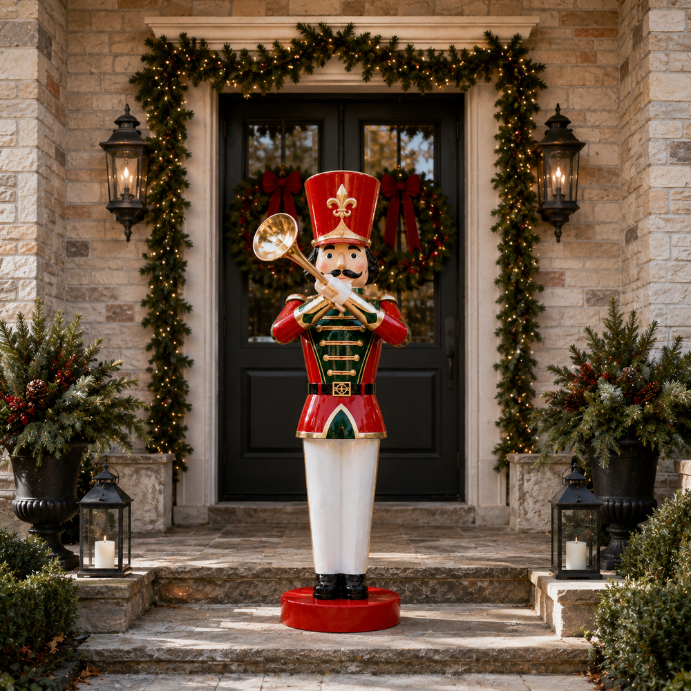 6 FT Red, Green, Gold, and White Toy Soldier With Trumpet
