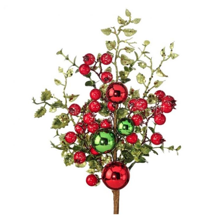 15" Red & Green Glitter Berry With Balls Pick