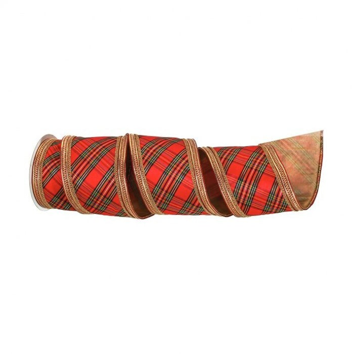 4" X 5 YD Red & Gold Plaid Wired Ribbon