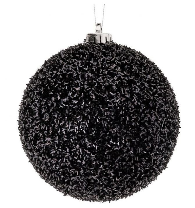 6" Black Tinsel Ball Ornament Set Of 2