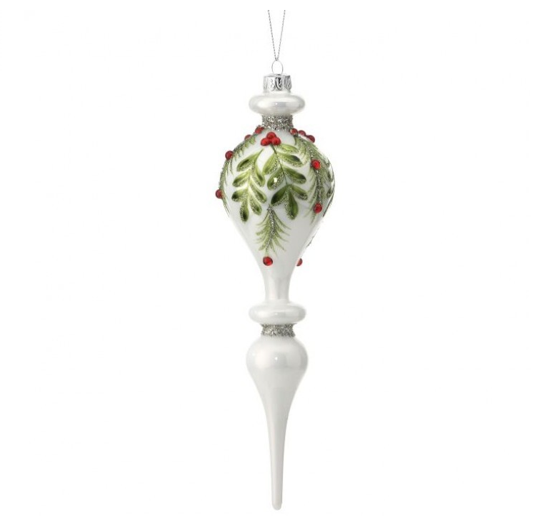 10" White Holly Finial Ornament