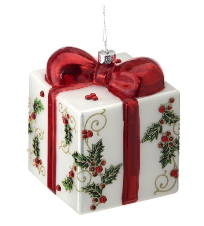 5" White Holly Gift Box Ornament