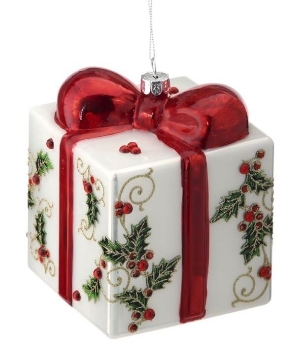 5" White Holly Gift Box Ornament