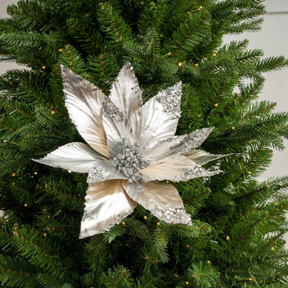 24" Silver Metallic Sequin Edged Poinsettia