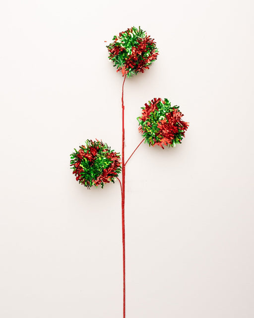 30" Red & Green Tinsel Ball Spray