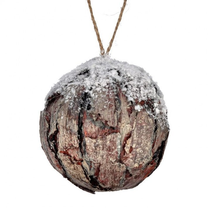 4" Bark Ball With Snow Ornament
