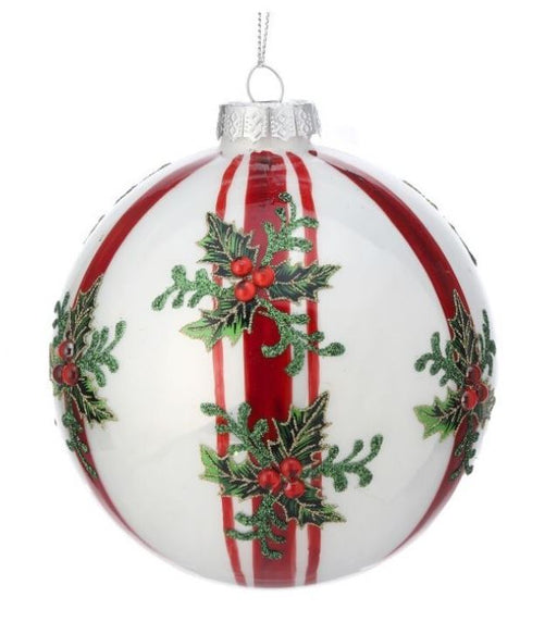 5" White Holly Stripe Ball Ornament