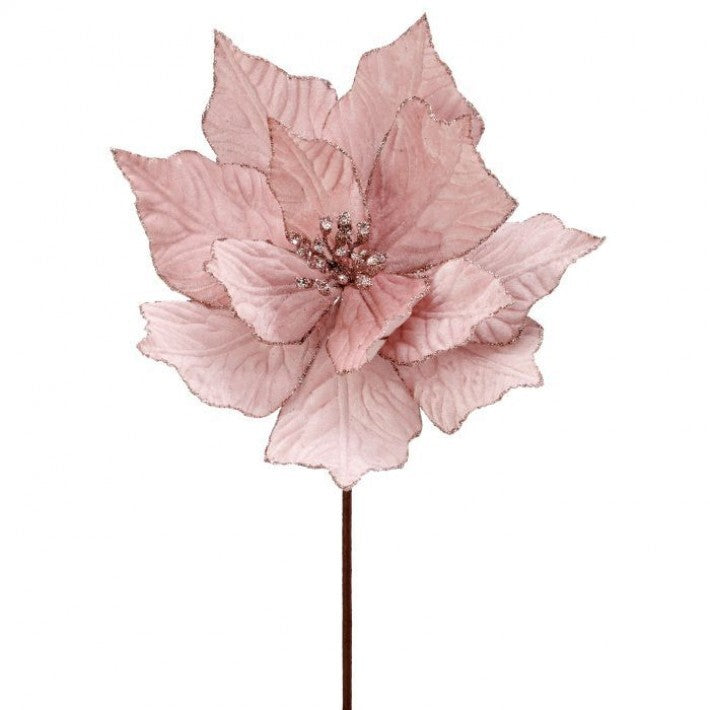24" Blush Pink Velvet Glitter Poinsettia Stem