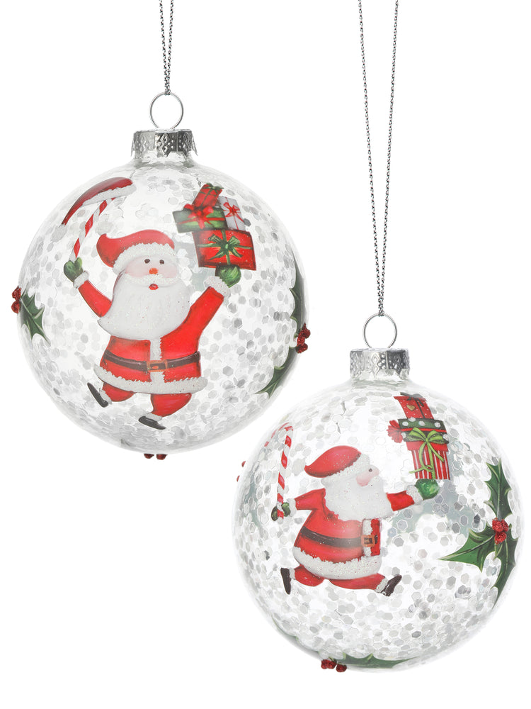 4" Santa With Gifts White Ball Ornament Assorted