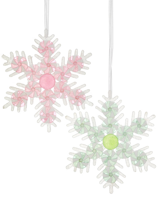 6" Pastel Pink & Green Snowflake Ornament