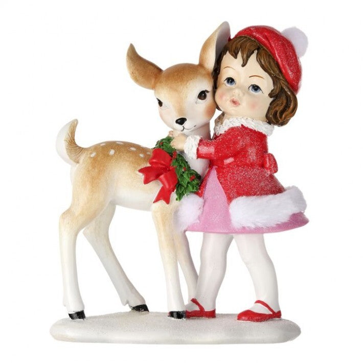 7" Girl Hugging Deer Table Piece