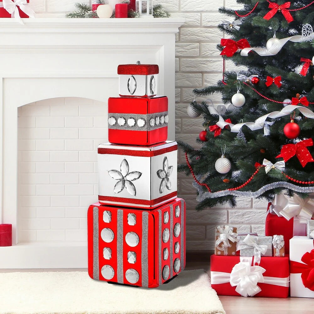 28" Red & Silver Gift Box Stack