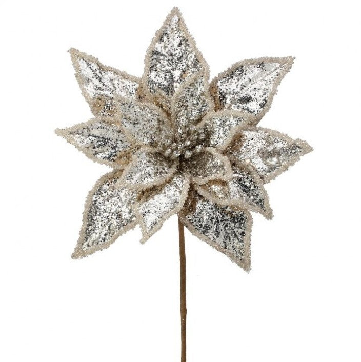 24" Silver Glitter Poinsettia Stem