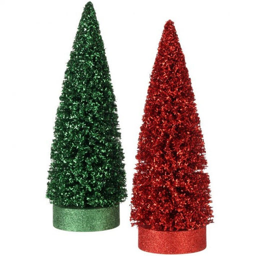 12" Green & Red Tinsel Glitter Trees