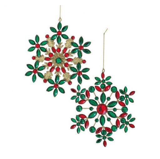 7" Red & Green Jewel Gold Glitter Snowflake