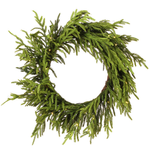 24" Green Norfolk Pine Wreath 80 Battery Operated LED Lights