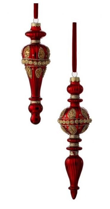 7"- 8" Red Gold Jeweled Finial Assorted Ornament