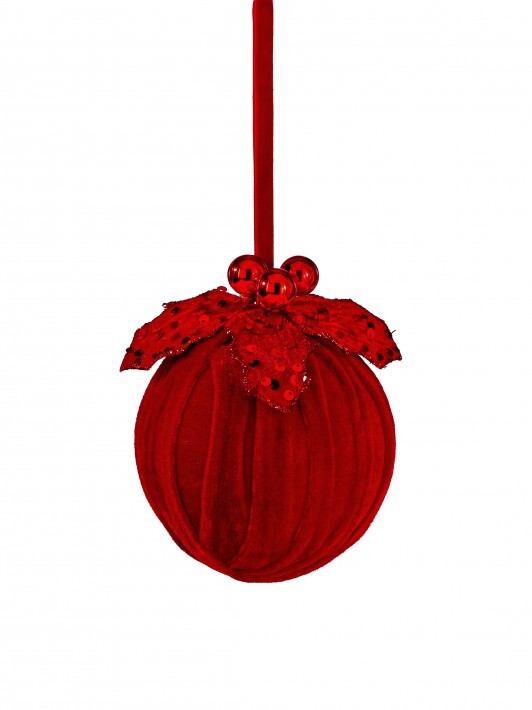 5" Red Velvet Holly Sequin Ball Ornament