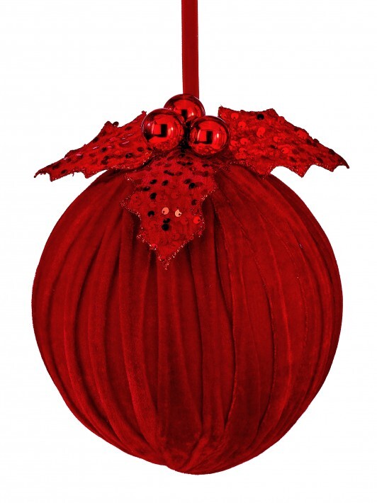 8" Red Velvet Holly Sequin Ball Ornament