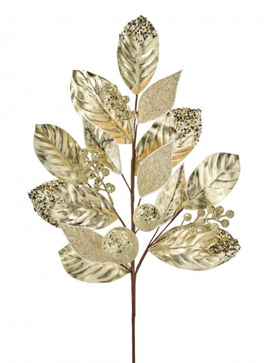31" Champagne & Gold Glitter Beaded Fruited Magnolia Spray
