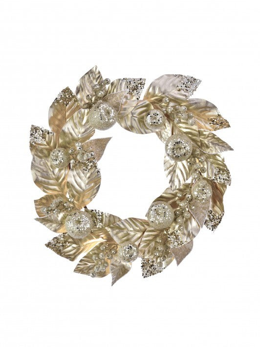 24" Champagne & Gold Glitter Beaded Fruited Magnolia Wreath