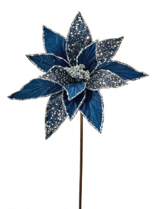 21" Midnight Blue Velvet Poinsettia Sequin Stem