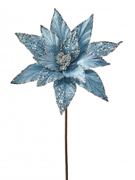 21" Slate Blue Velvet Poinsettia Sequin Stem