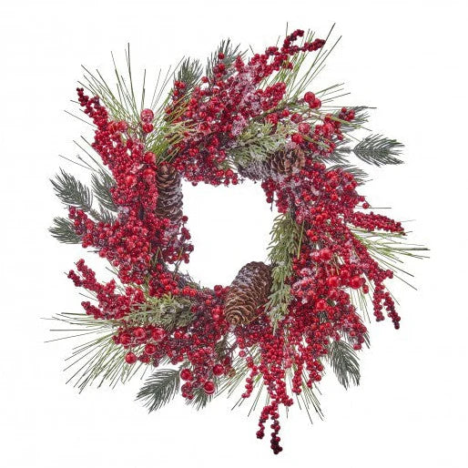 18" Frost Wreath With Red Berries & Pinecones