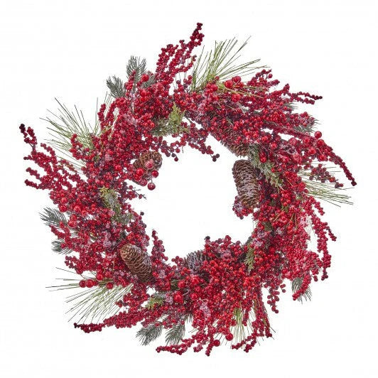26" Frost Wreath With Red Berries & Pinecones