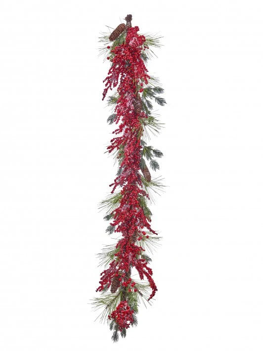 60" Frost Garland With Red Berries & Pinecones
