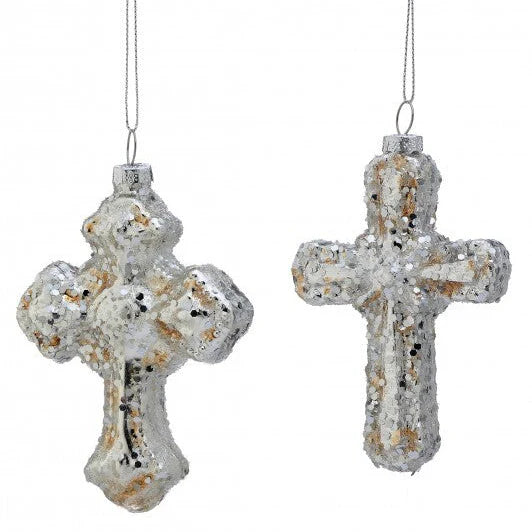 4"- 5" Platinum Glitter Antique Cross Ornament Assorted