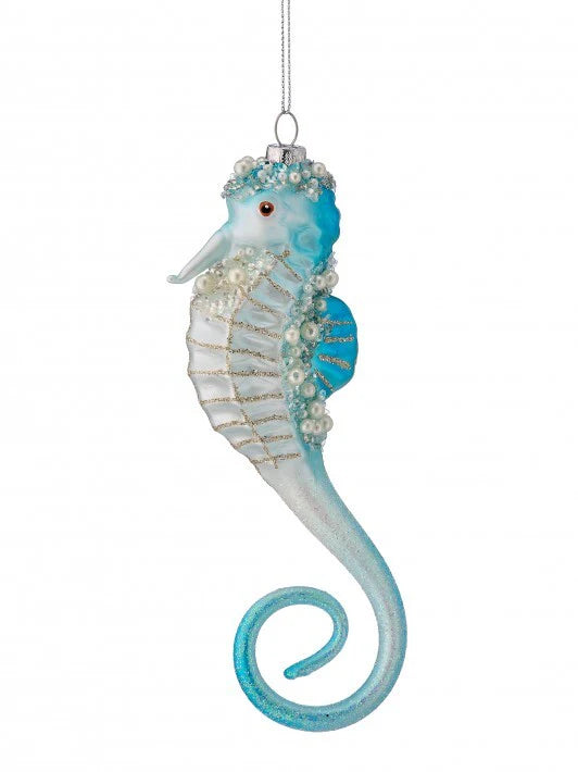 7.5" Aqua Jewel Seahorse Glass Ornament