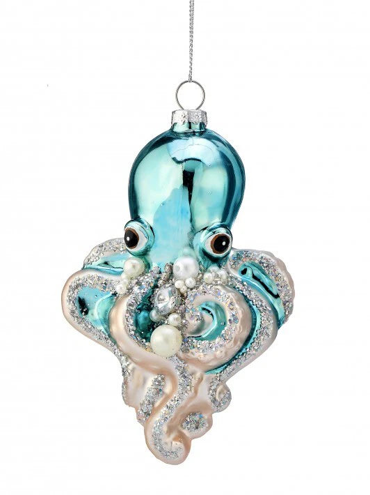 5.5" Aqua Pearl Glitter Octopus Ornament