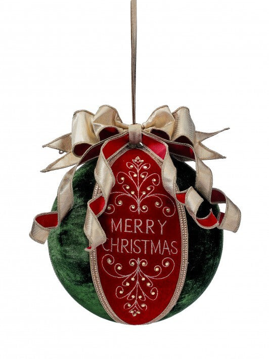 10" Red & Green Velvet "Merry Christmas" Ball Ornament With Bow