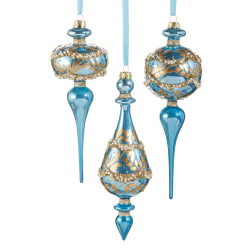 10" Gold Leaf Wrapped Blue iridescent Finial Assorted Ornament