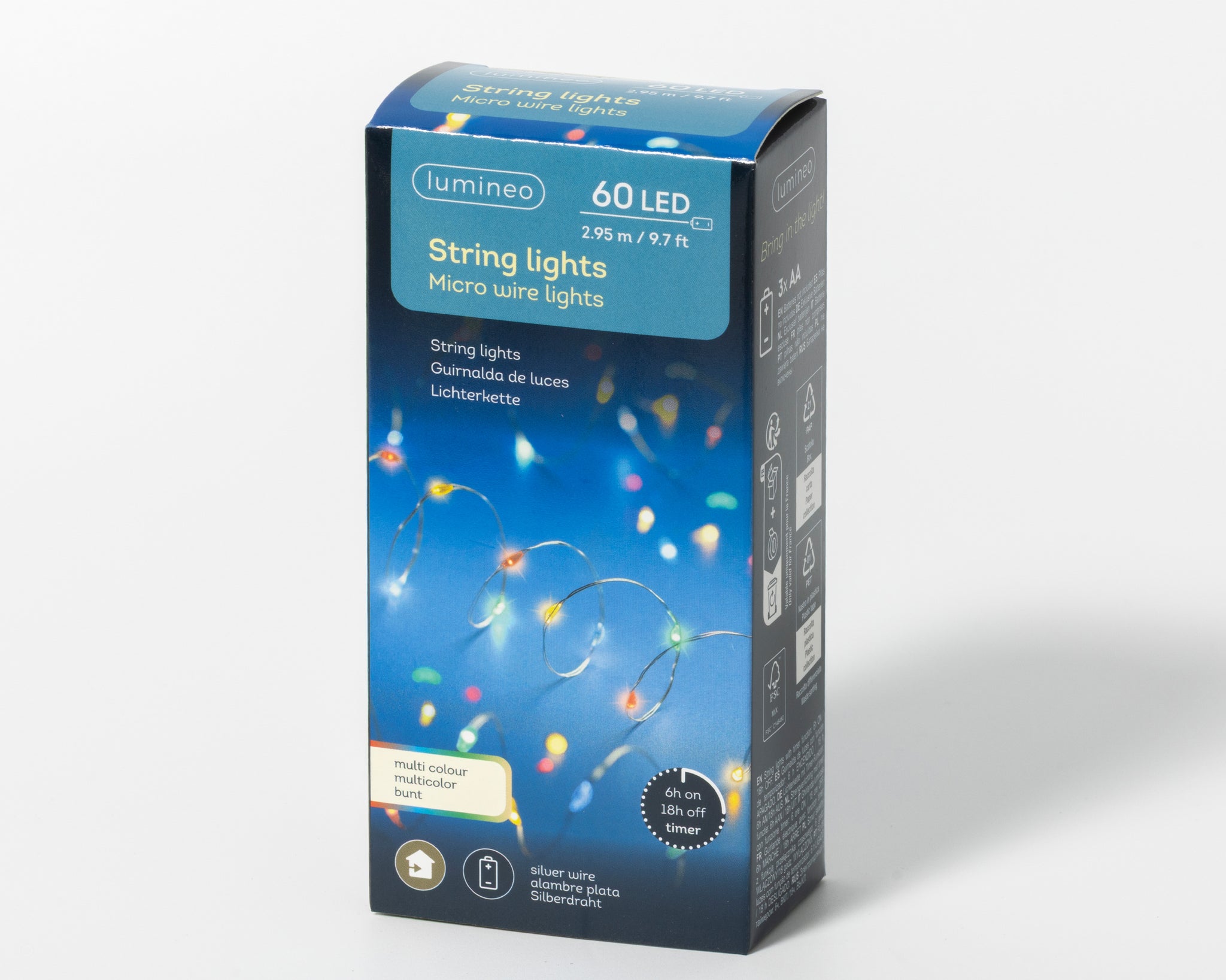 10 FT 60 Micro LED Multi Lights With Silver Wire Battery Operated