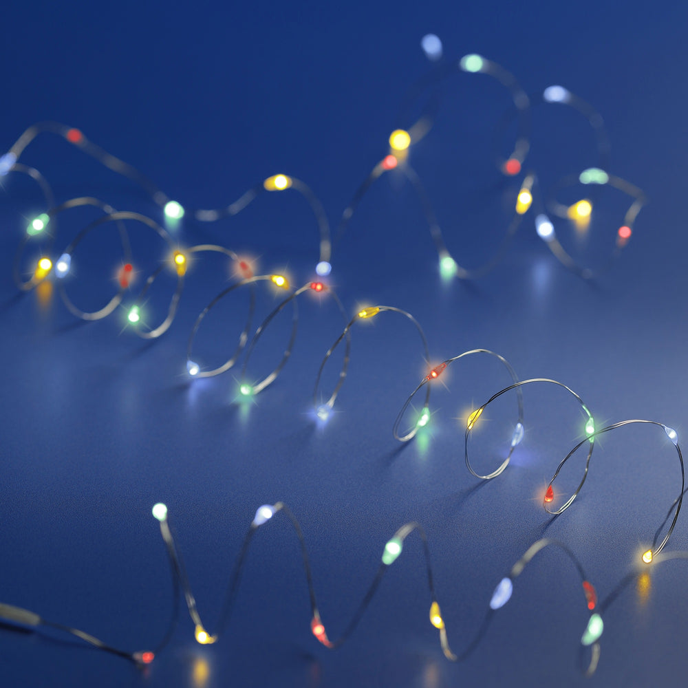 10 FT 60 Micro LED Multi Lights With Silver Wire Battery Operated