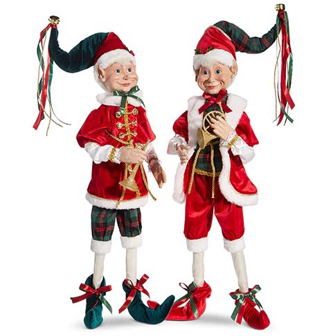 16" Red & Green Carolling Poseable Elves Set Of 2